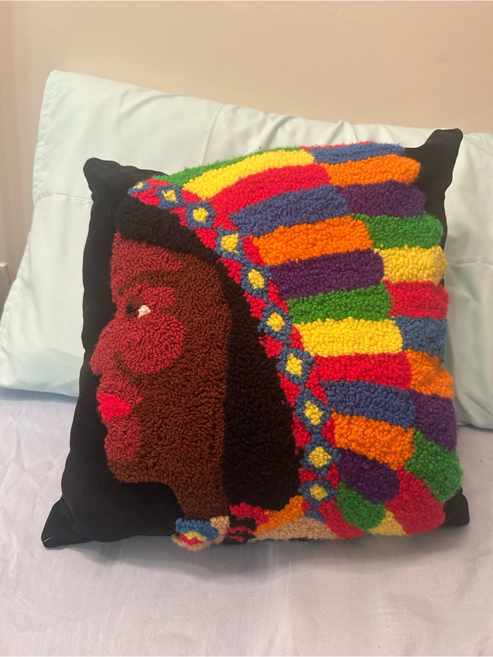 Handmade Hooked Throw Pillow - Native American woman Vibrant Headdress Design